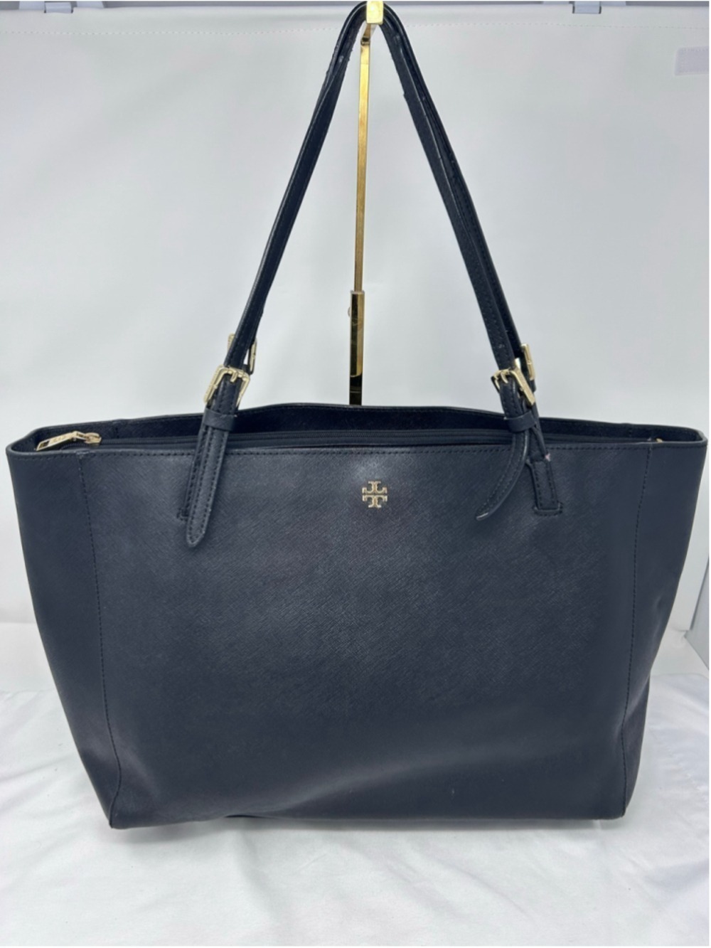 Tory Burch Black Saffiano Leather Logo Tote Shoulder Bag Large